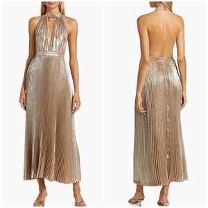 Metallic Gold Pleated Halter Midi Dress
